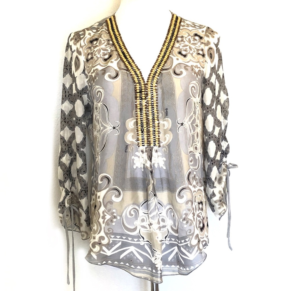 HALE BOB SILK Silk Beaded Floral Geometric Floral V-neck Blouse Top Size…